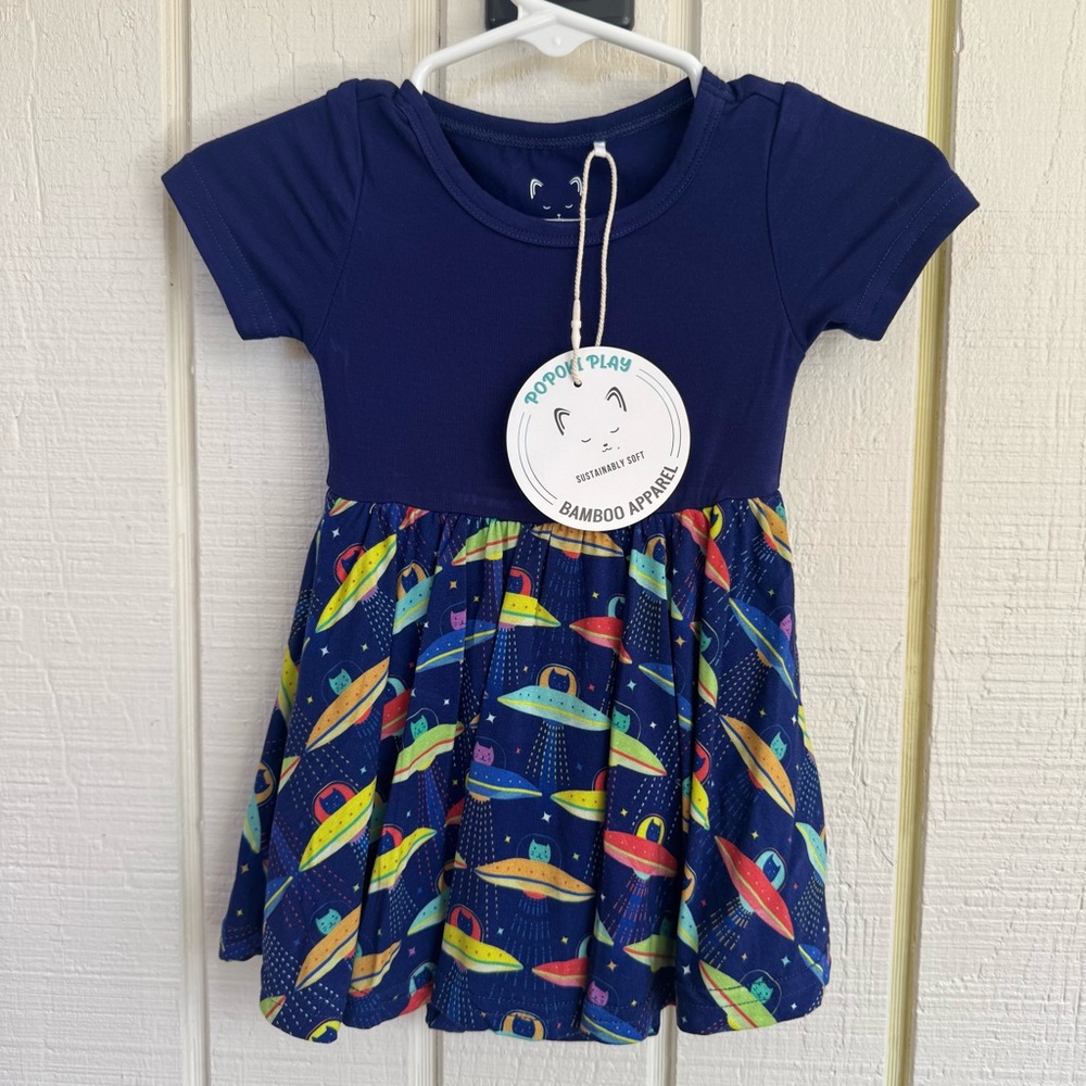 popoki play Bamboo Dress blue alien spaceships circle skirt blue 3-6 months